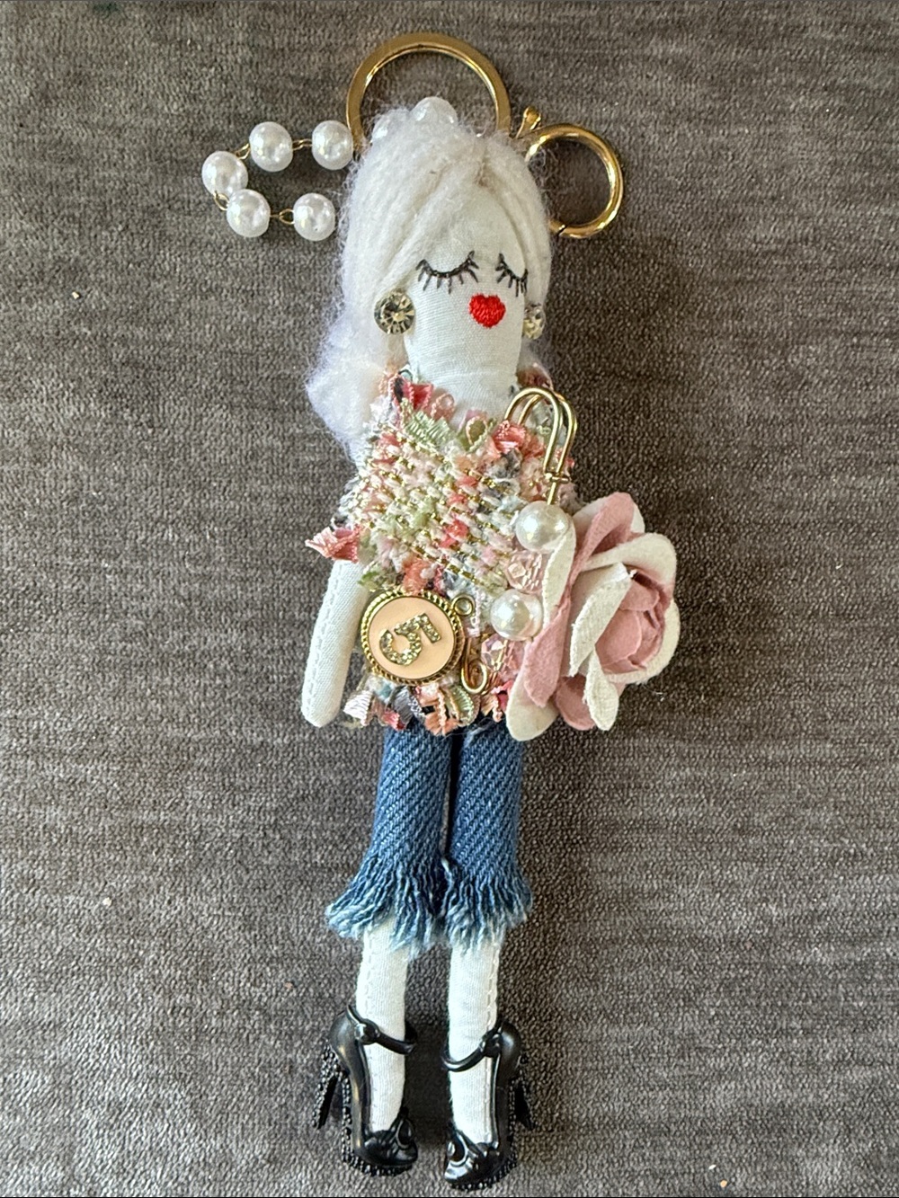 Chic Pearl-Accent Doll Keychain in White and Pink